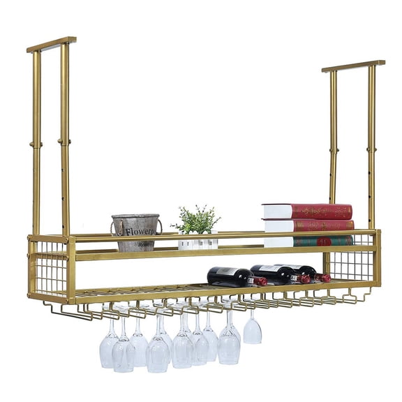 Gold Hanging Wine Rack with Glass Holder and Shelf, Industrial Style, 47.2