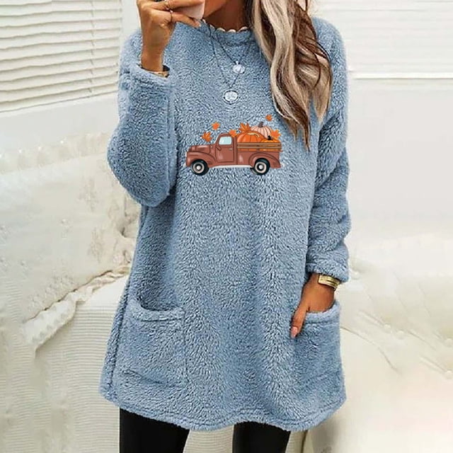 Qertyioot Hauts Grande Taille pour Femmes, Blouse à Manches Longues Chaude pour Femmes à Col Rond et d'Hiver, Ample, Imprimée, avec Poche