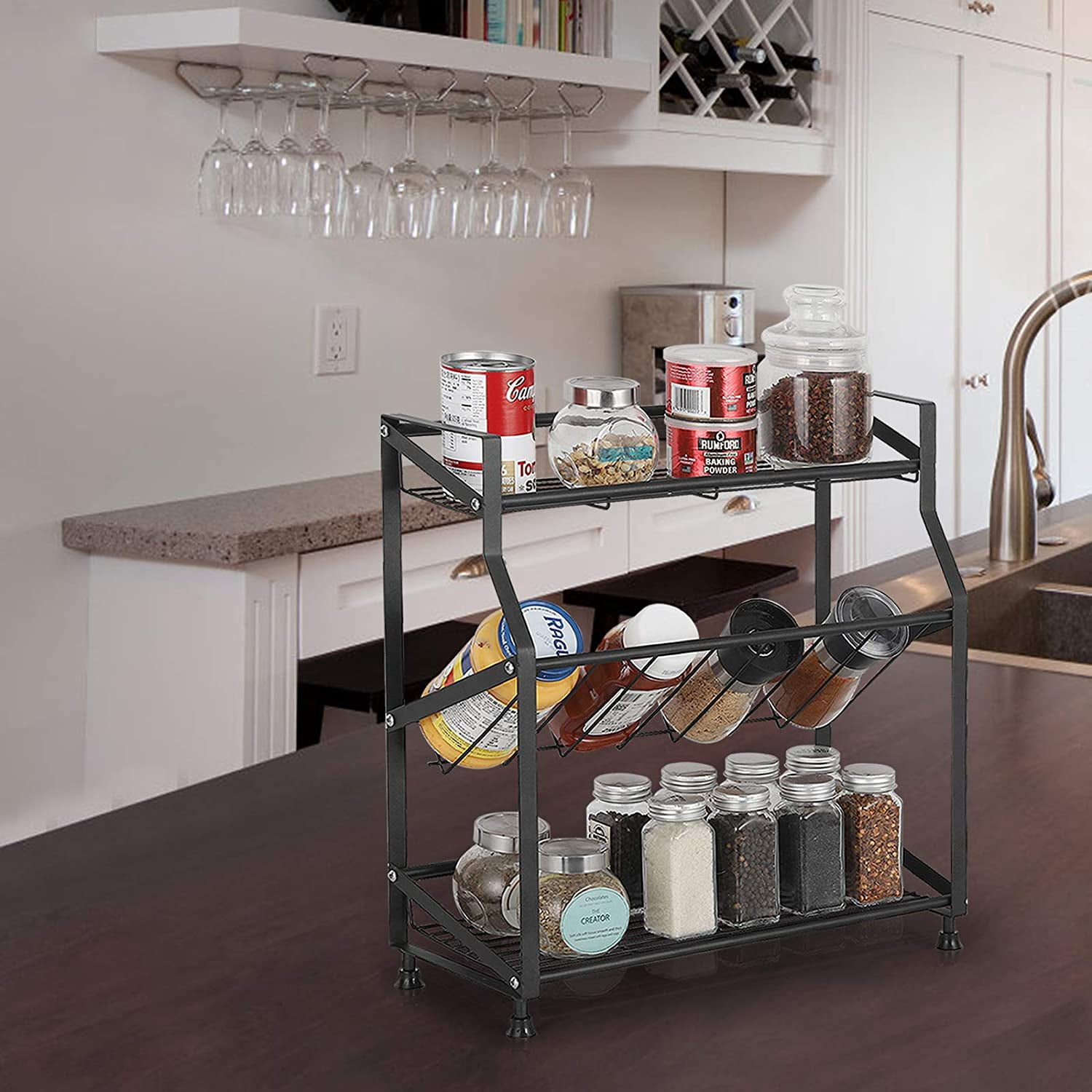 Oumilen 3 Tiers Spice Rack Organizer Freestanding Kitchen Metal Spice Holder Storage, Black