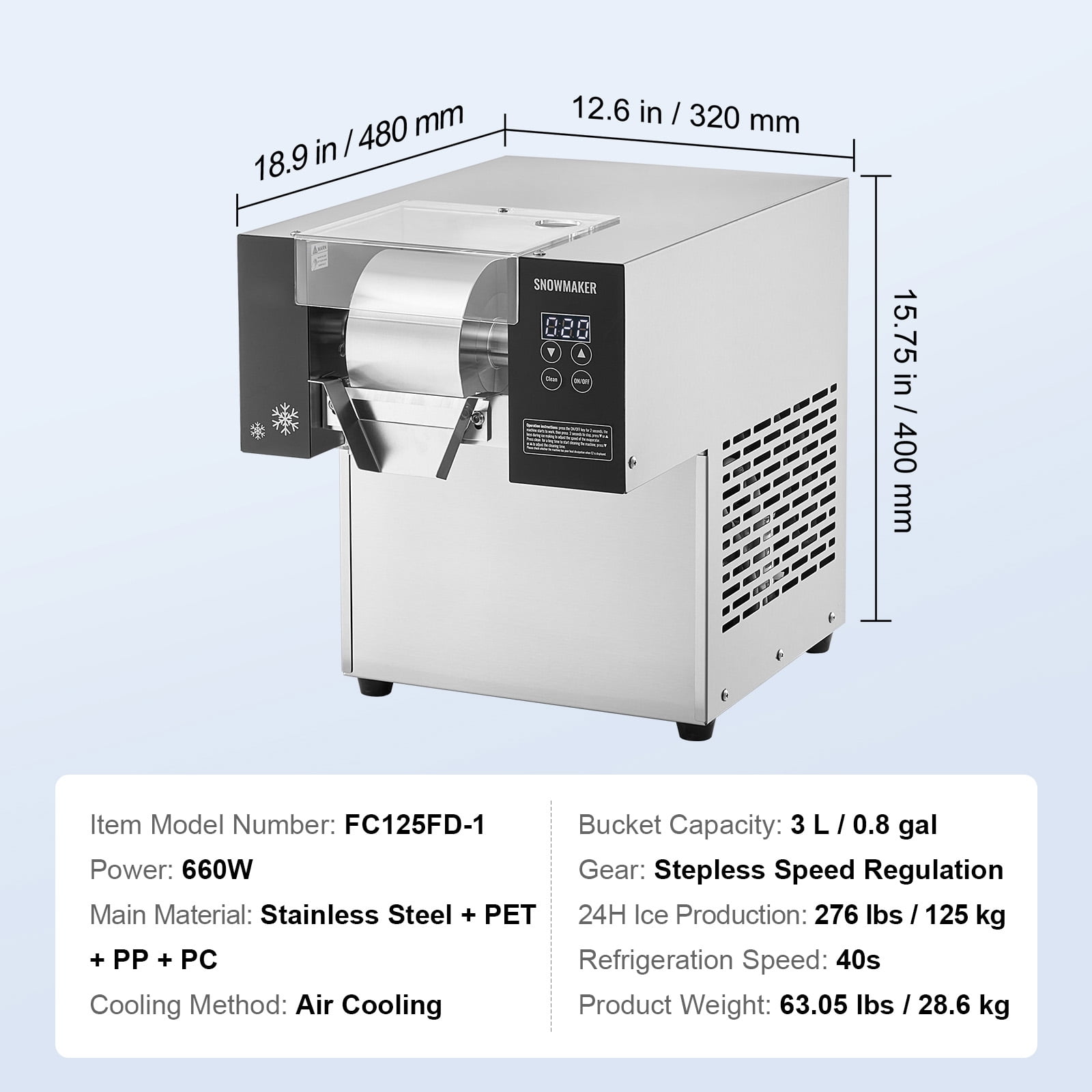 KFFKFF Commercial Snowflake Ice Machine, 276LBS/24H Capacity, Stainless Steel Ice Maker with Air Cooling System, Electric Ice Shaver for Bakery and Cafe Use
