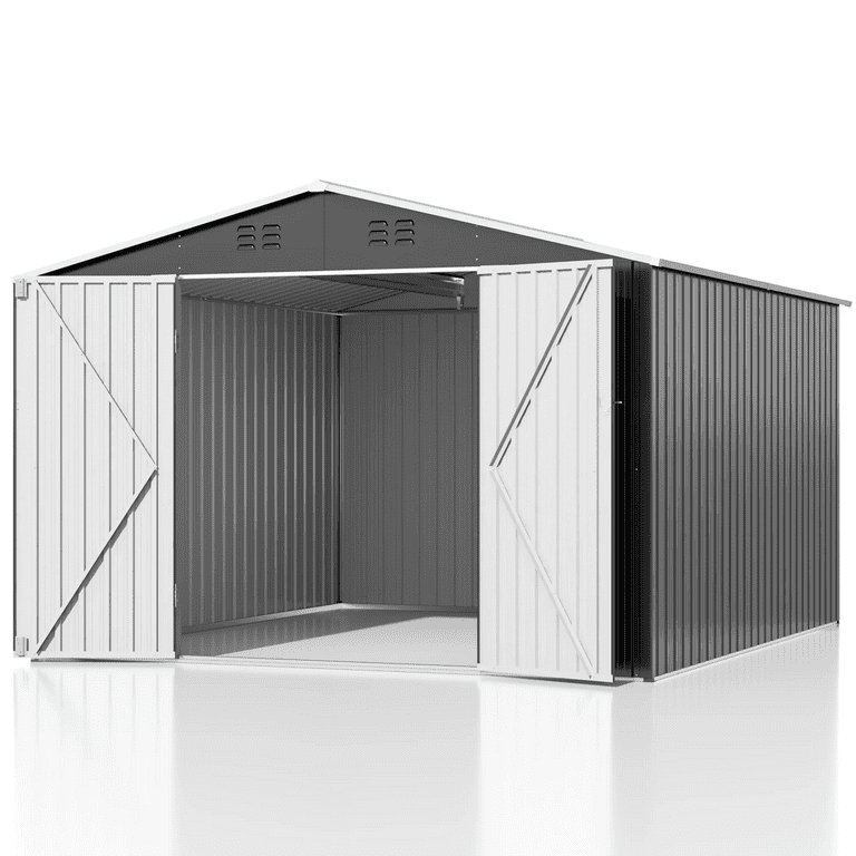 MUCHANT 10'x10' Outdoor Metal Storage Shed with Updated Frame Structure and Lockable Doors, Steel Garden Tool Sheds for Backyard, Patio, Lawn, Gray