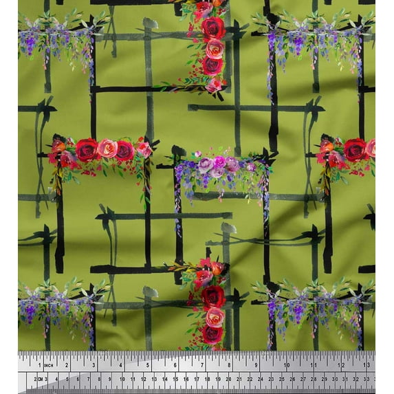 Soimoi Green Cotton Duck Fabric Geometric & Rose Floral Printed Craft Fabric by the Yard 42 Inch Wide