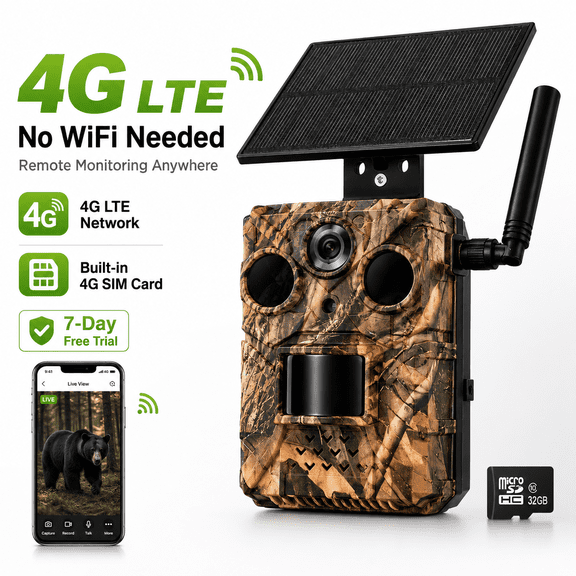 4G LTE Cellular Trail Camera, Solar Powered, No WiFi Needed, Built-in SIM Card, 2K 3MP Outdoor Hunting Camera with AI Motion Detection, Night Vision, IP65 Waterproof