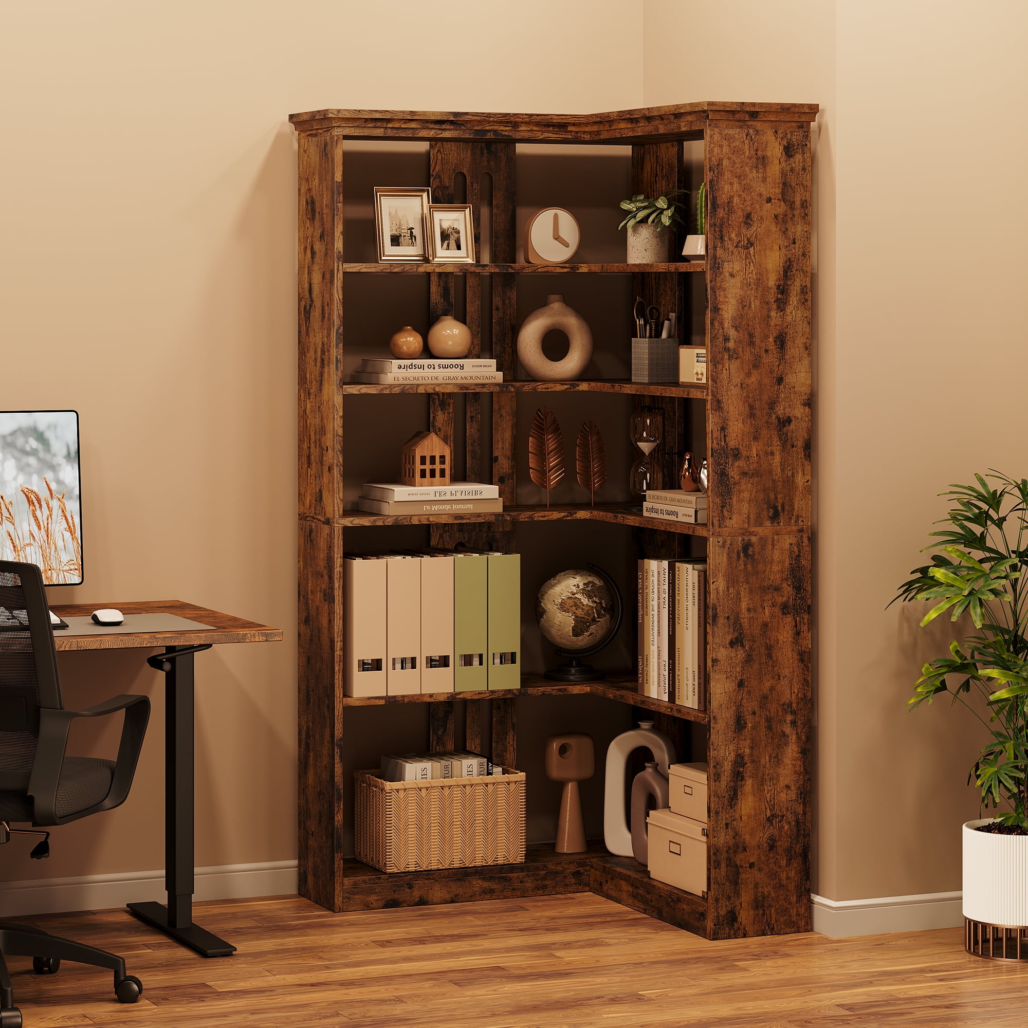 AOILE 72.8" Farmhouse Corner Bookshelf, 5-Tier L-Shaped Bookcase with Storage - Tall Display Shelf for Living Room, Office, Bedroom