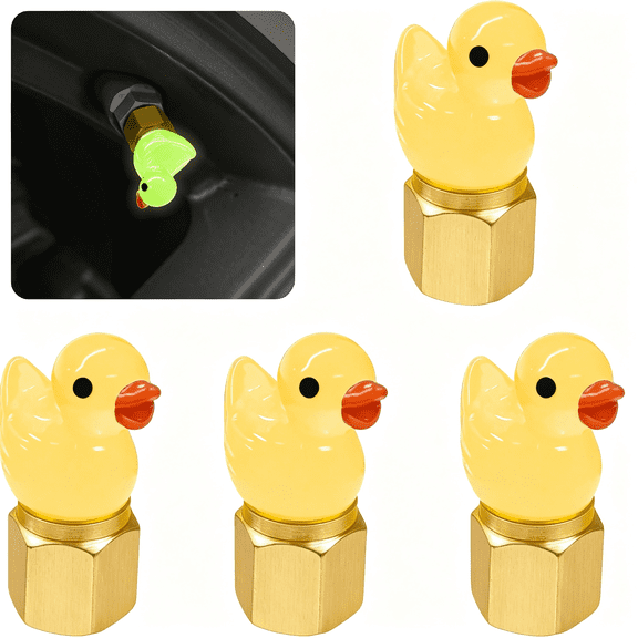 RIONIMA 4 Pack Cute Duck Tire Valve Caps,Glow in the Dark Tire Valve Caps,Interesting and Practical Tire Decoration,Can Be Used for Cars,Motorcycles,Trucks,And Bicycles.(Yellow)