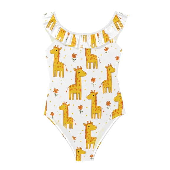 Girls Ruffled One Piece Swimsuit Summer Beach Vacation Swimwear Tank Swimsuit Giraffe and Little Flower