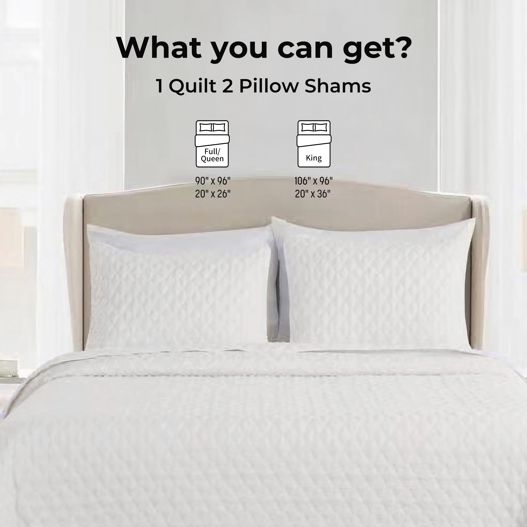 Videri Home Diamond Pattern Queen Quilt Set, All Season Lightweight Bedspread Coverlet, Soft Brushed Microfiber, Machine Washable(White, Full/Queen)