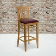 Flash Furniture HERCULES Series Vertical Slat Back Natural Wood Restaurant Barstool - Burgundy Vinyl Seat