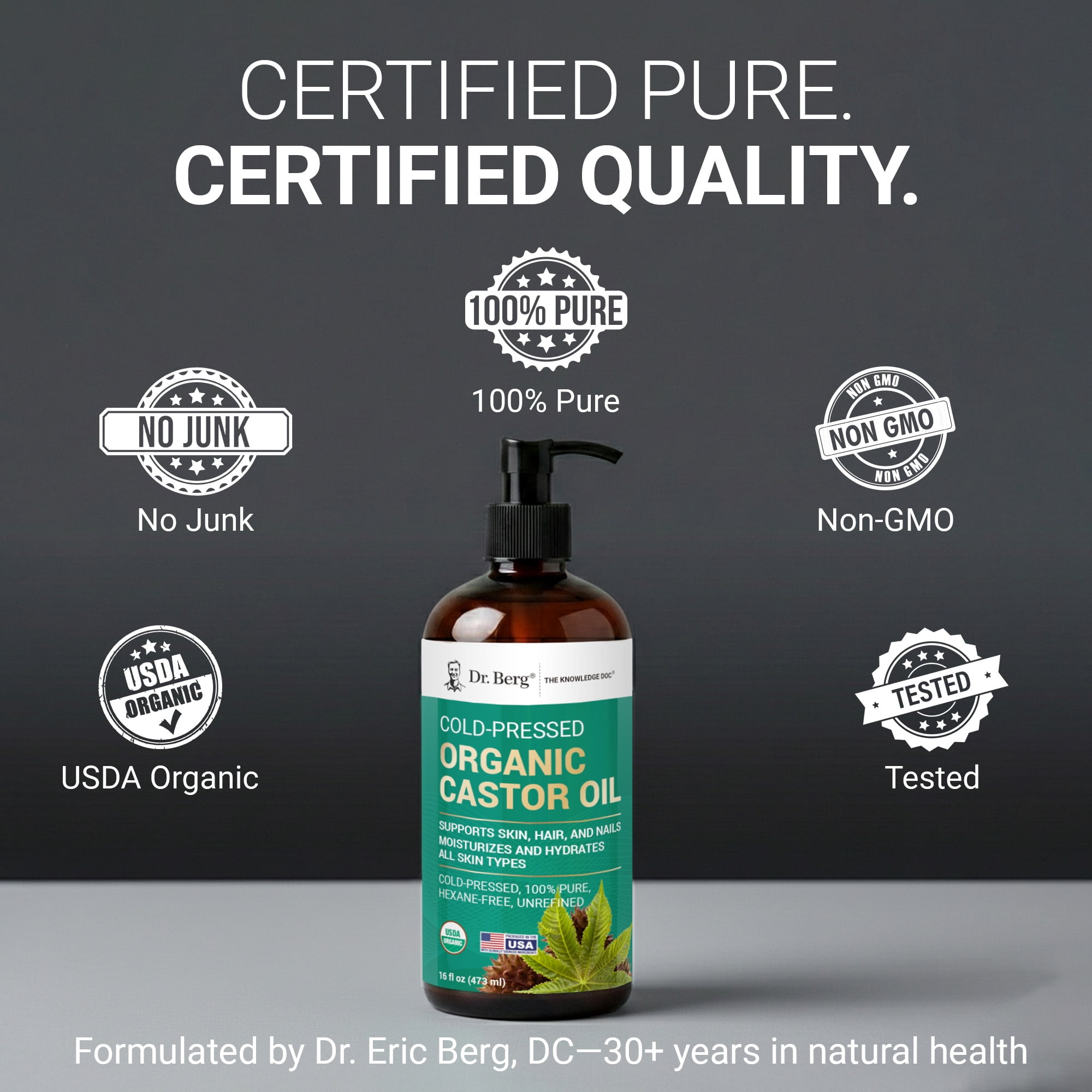 Dr. Berg Organic Castor Oil – Cold-Pressed & Unrefined, 100% Pure, Hexane-Free, USDA Organic – 16 fl oz