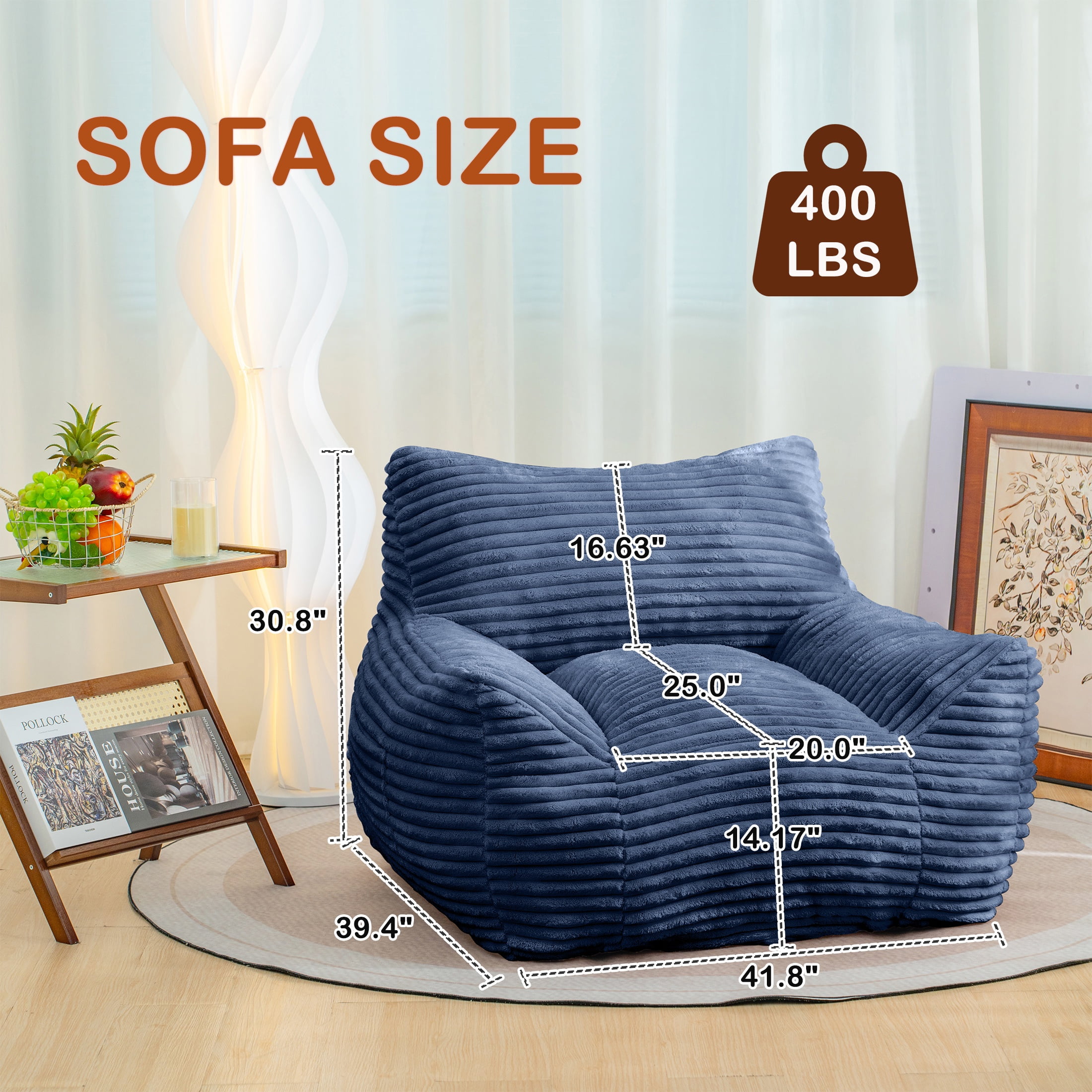 PORKISS Giant Bean Bag Chairs for Adults, Big Comfy Chair Sofa with Corduroy Fabric, Ultra Soft Lazy Floor Sofa Chair with Storage Side Pockets for Family, Blue