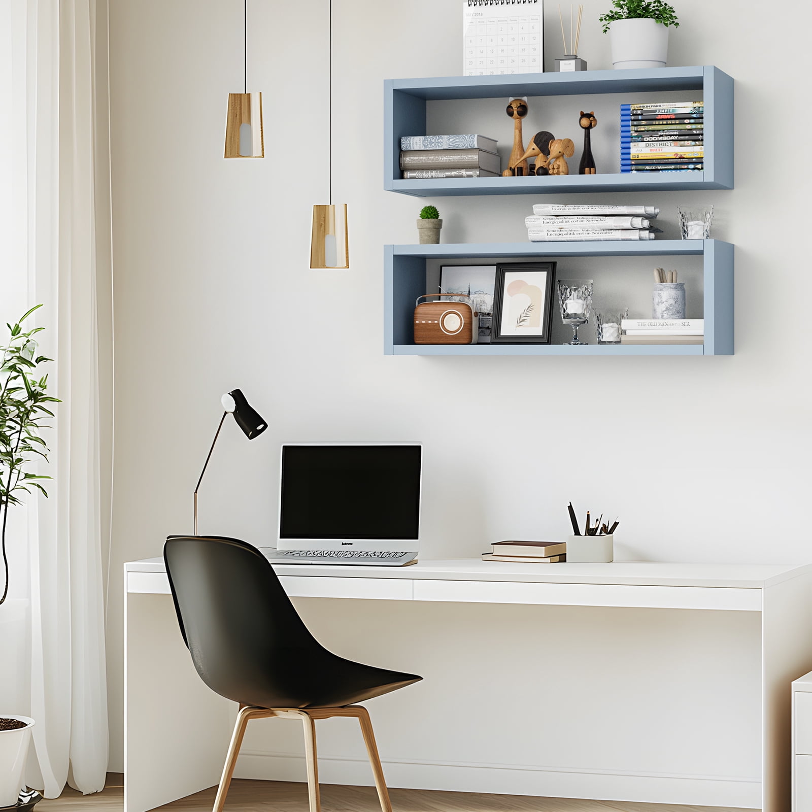 Kaboon 24" Floating Cube Shelves, Set of 2, Wall Mount Decorative Hanging Shelves, Peace Blue