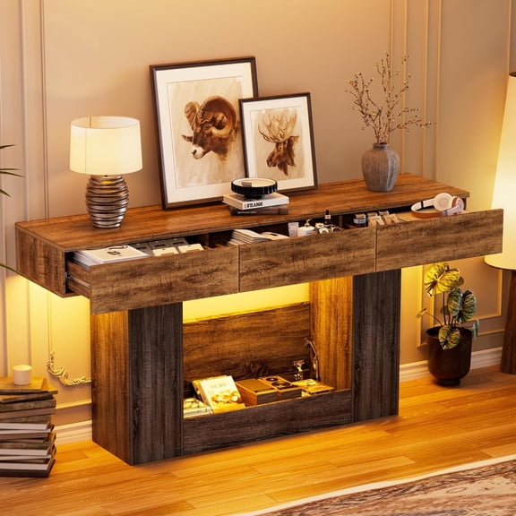 Pakasept 63" Farmhouse Long Console Table with 3 Drawers, Entryway Table with LED Lights and Hidden Storage, for Hallway, Living Room