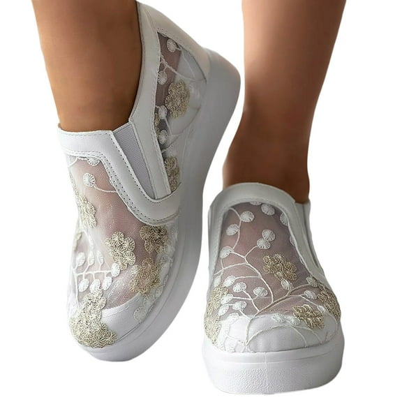 Womens Platform Sneakers Lace Embroideried Breathable Mesh Sneakers Casual Shoes Fashion Dress Shoes