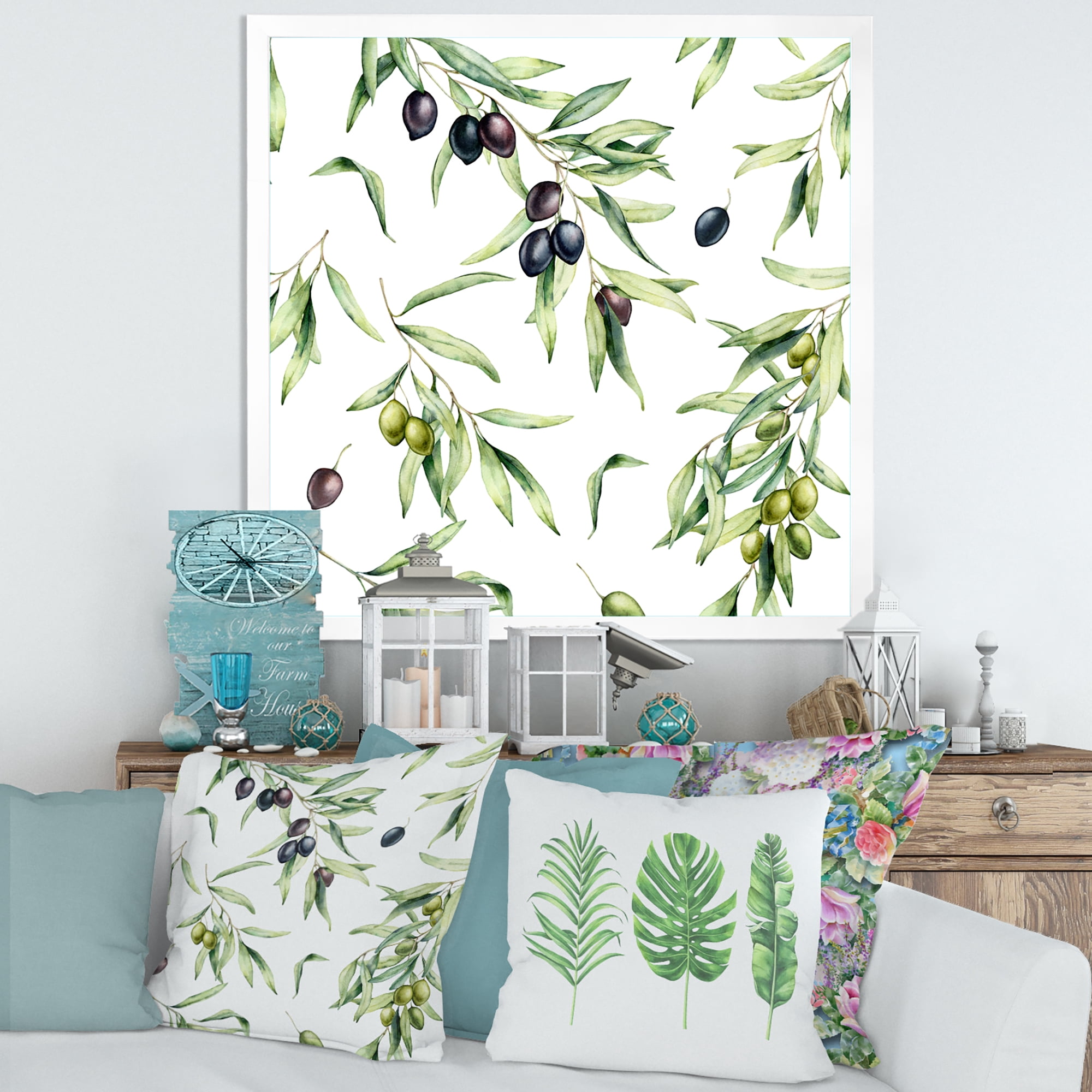 Designart 'Black and Green Olives With Olive Branches & Leaves' Lake House Framed Art Print