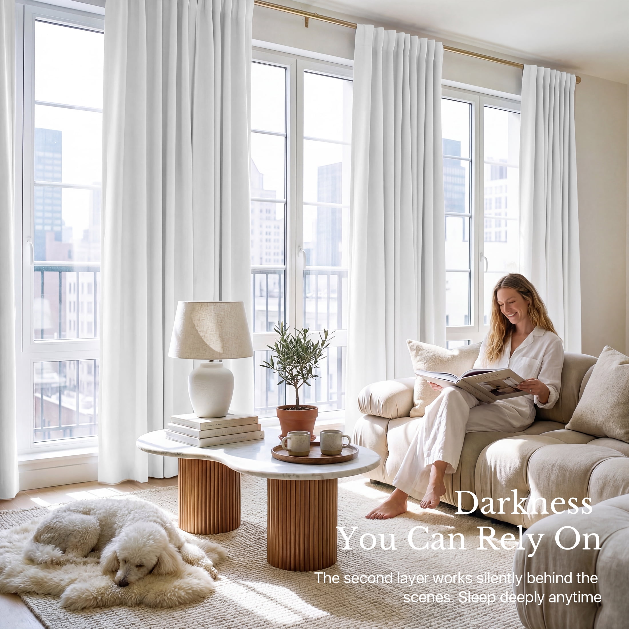 Nicetown 2‑Layer Total Blackout Curtains, 52" W x 95" L, Thermal Insulated Window Panels, 2‑Panel Set, White