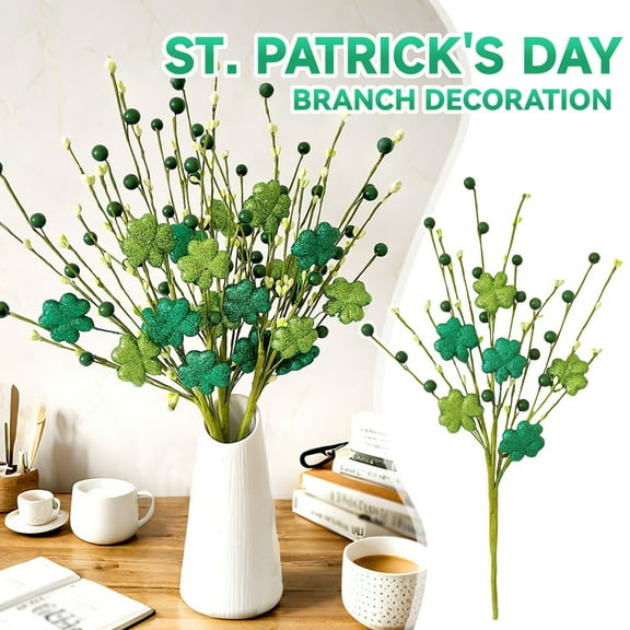 St. Patrick's Day Decorations Spring Green Shamrock Floral Picks Berry Stems Happy St Patty's Day Decorations