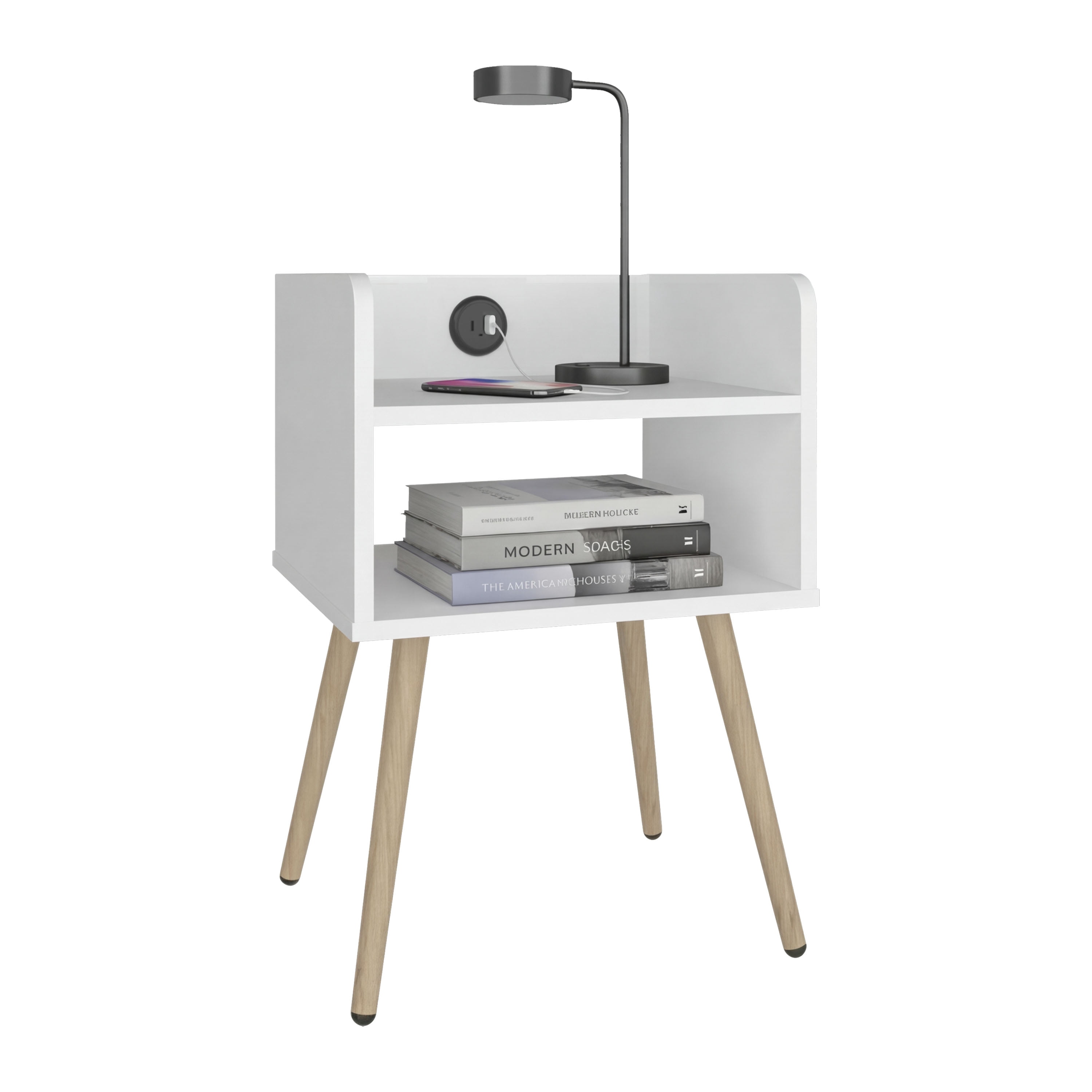Nightstand with USB Port, 2 Shelves - White