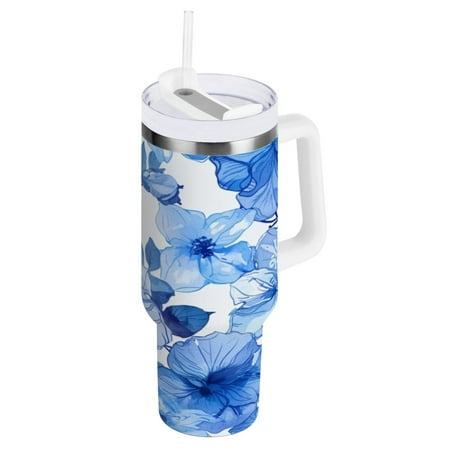 

30 Oz Car Handle Water Cup 9.9x3.5 Inch Stainless Steel Water Cup With Handle Water Cup Car Water Cup Travel Coffee Cup Beautiful Blue Flowers1