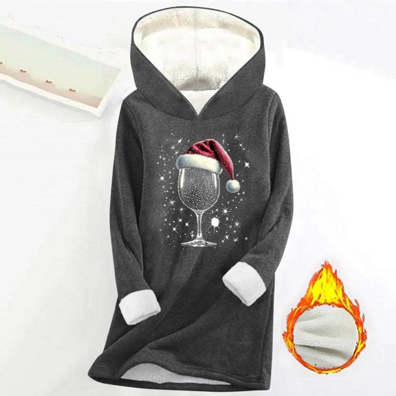 AUNVITO Women's Christmas Hooded Sweatshirt Long Sleeve with Festive Print Cozy Fleece-Lined Casual Winter Top