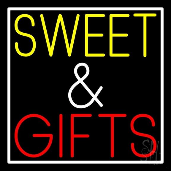 Sweet And Gifts With White Border LED Neon Sign 24" Tall x 24" Wide - inches, Black Square Cut Acrylic Backing, with Dimmer - Premium built indoor Sign for Storefront, Store interior.