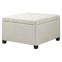 COCOKUN Round Storage Ottoman, Button Tufted with Lift-Top, Beige Linen Fabric Footstool for Living Room, Entryway, and Bedroom Organization