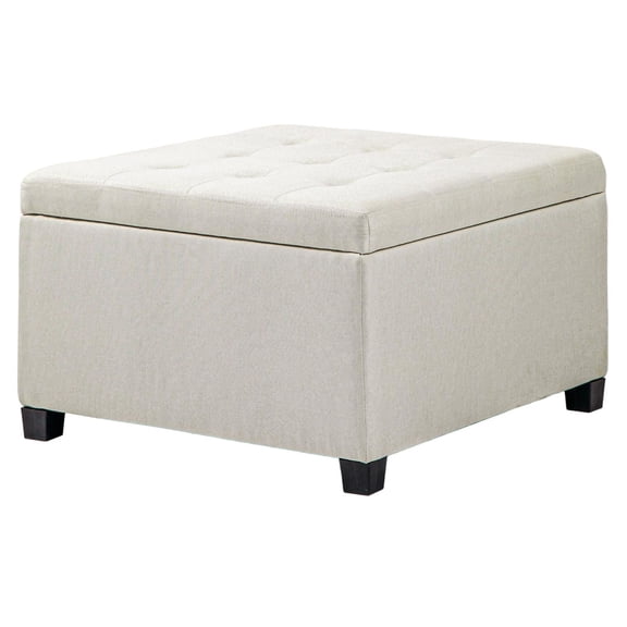 COCOKUN Round Storage Ottoman, Button Tufted with Lift-Top, Beige Linen Fabric Footstool for Living Room, Entryway, and Bedroom Organization
