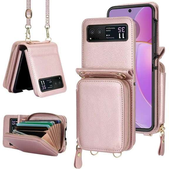 REQO Phone Case for Motorola Razr 40/Moto Razr 2023 Wallet Cover with Credit Card Holder Zipper Slot Shoulder Crossbody Strap Lanyard RFID Blocking Mobile TPU Cell Purse XT2323-6 Women Girls Rose Gold