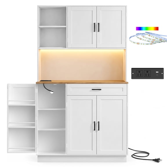 ReeQuo 71" Kitchen Pantry Storage Cabinet with Charging Station, Farmhouse Hutch Cabinet, White