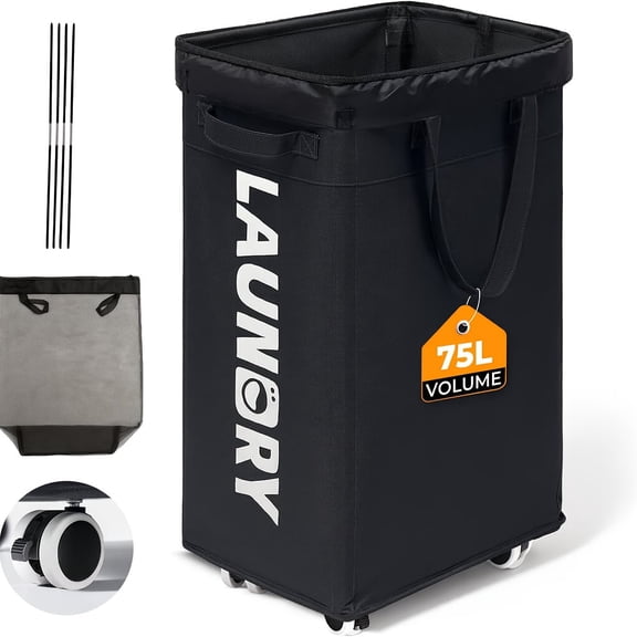 Wheeled Laundry Basket with Detachable Bag, 75L Rolling Laundry Hamper with Wheels & Brakes, Lightweight Oxford Fabric Dirty Clothes Basket for Laundry Room, Bedroom, Black