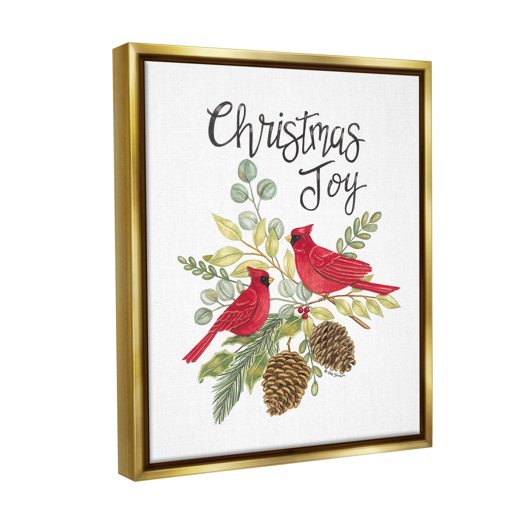Stupell Industries Christmas Joy Cardinals Holiday Painting Gold Floater Framed Canvas Art Print Wall Art, 25 x 31