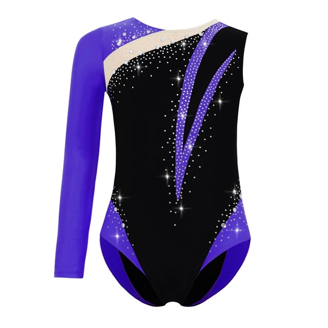 HULIJA Girls Asymmetrical Leotard for Gymnastics Sportwear Round Neck Shiny Rhinestones Color Block Performance Top Purple 10