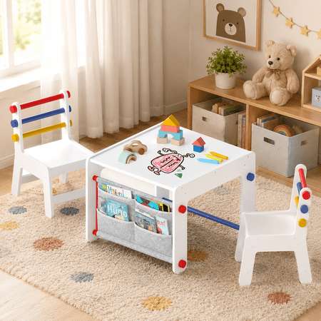 DOREROOM Kids Table and Chair Set 4-in-1 Activity Table with Storage Wooden Toddler Desk for Drawing Crafts Reading and Learning