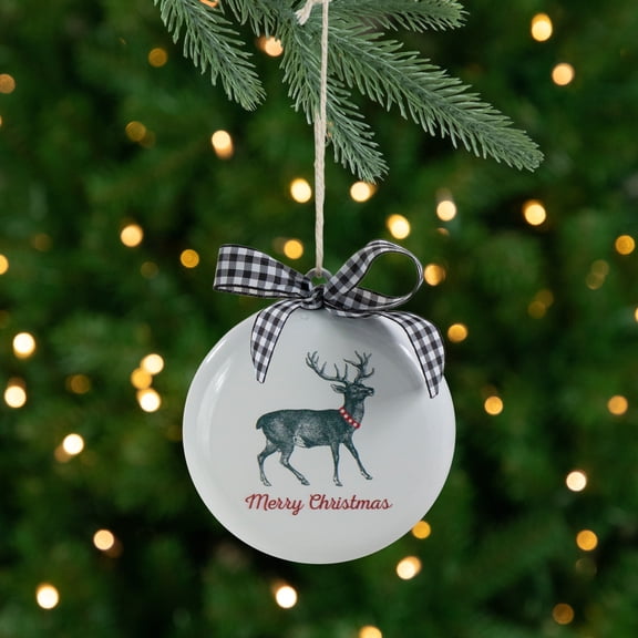 Northlight Reindeer "Merry Christmas" with a Plaid Bow Glass Disc Ornament - 4.5" - White and Black