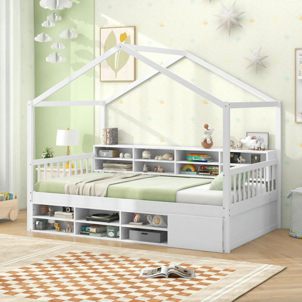 Kepooman Bed Frame, Bed Frame Mattress Foundation,Twin Size House Bed with Roof with 14 Storage Cubes and Enclosed Cabinet-White