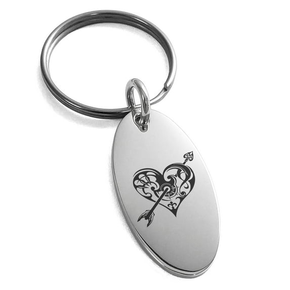 Stainless Steel Tribal Heart and Arrow Engraved Small Oval Charm Keychain Keyring