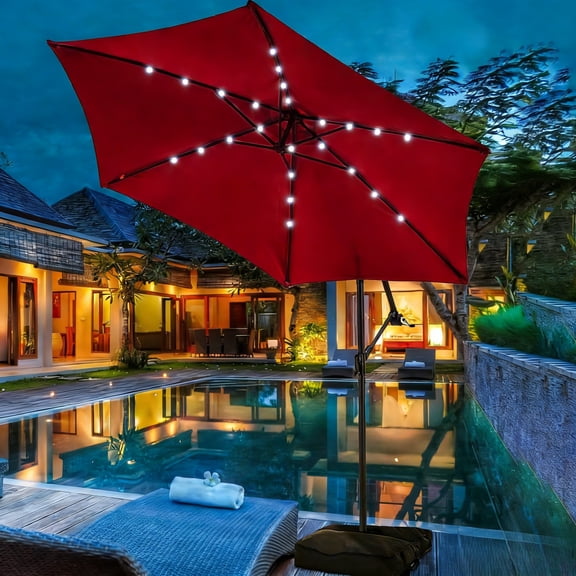 Autlaycil 10FT Cantilever Patio Umbrella and 24 Solar Lights, Outdoor Hanging Offset Umbrella with Umbrella Stand - Red