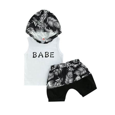 

Frobukio Infants Baby Boys Clothes Letter Printed Sleeveless Hooded Tank Tops Leaves Printed Patchwork Shorts Outfits White 0-6 Months