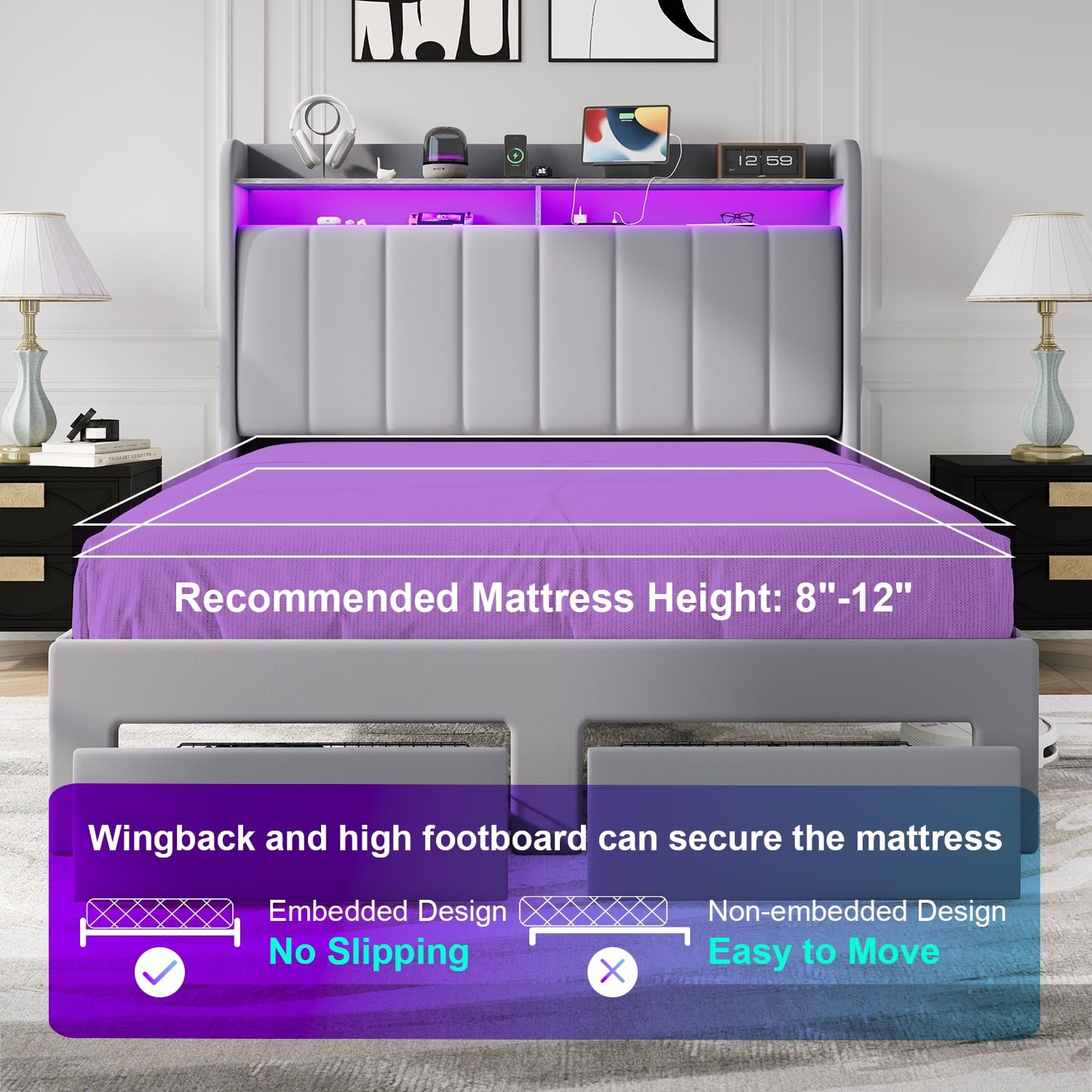 Amolife Queen Size Platform Bed Frame with 2-Tier LED Storage Velvet Wingback Headboard & 2 Storage Drawers, USB & Type-C Charging Ports, Light Grey