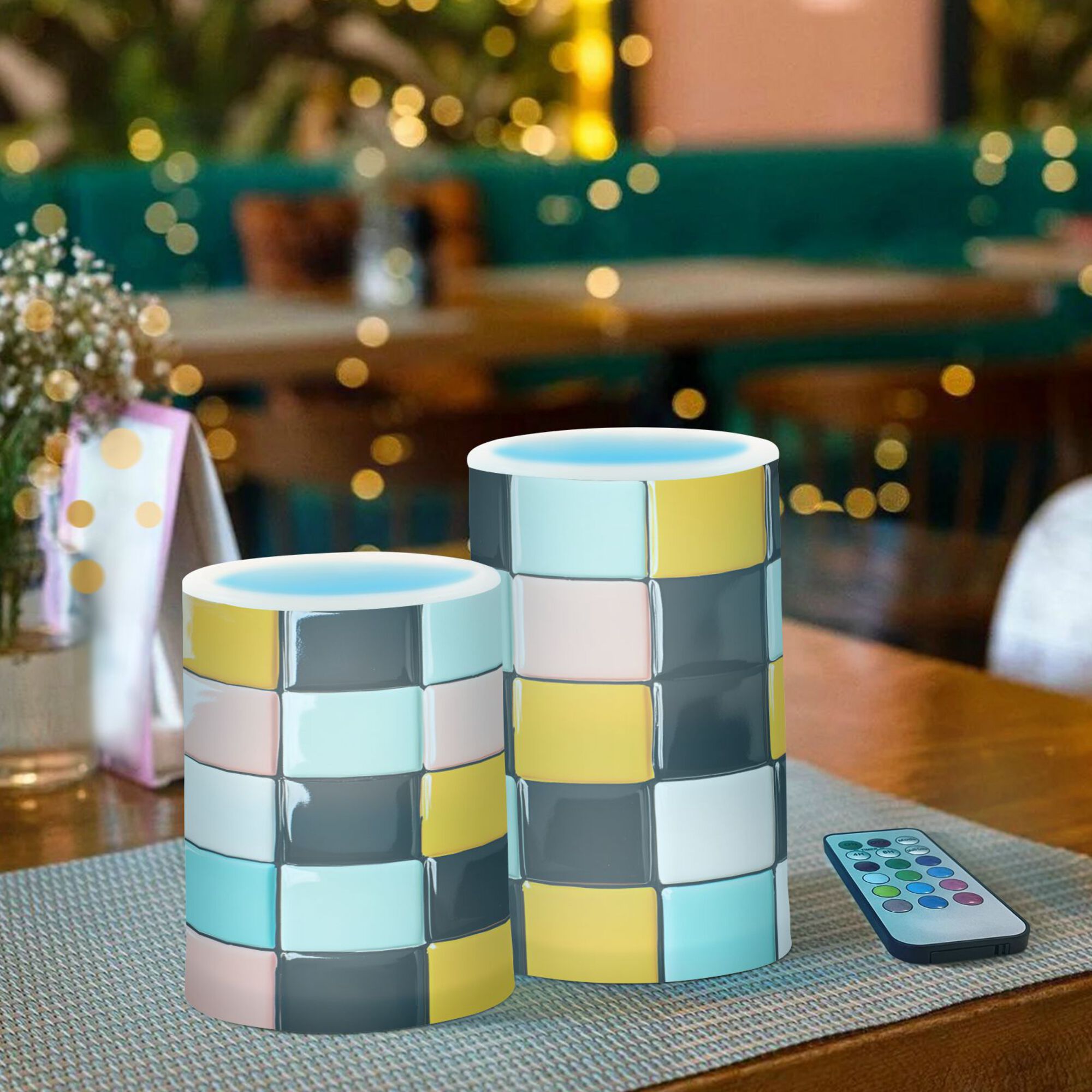 Yayeee Flameless Candles with Remote Flickering Battery Operated Multi Color Changing, Yellow Checkered Pattern