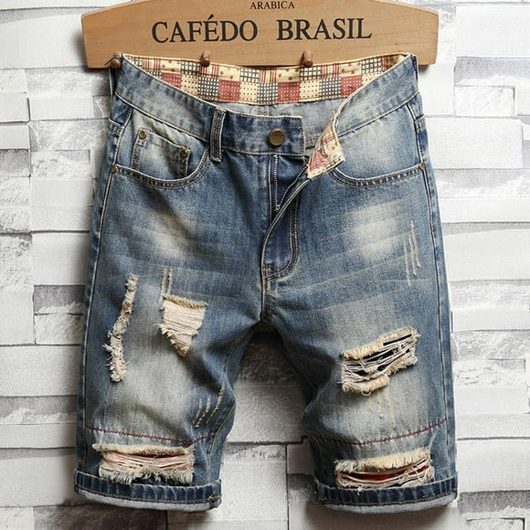 2023 Summer New Men Vintage Ripped Short Jeans Streetwear Hole Slim Denim Shorts Male Brand Clothes