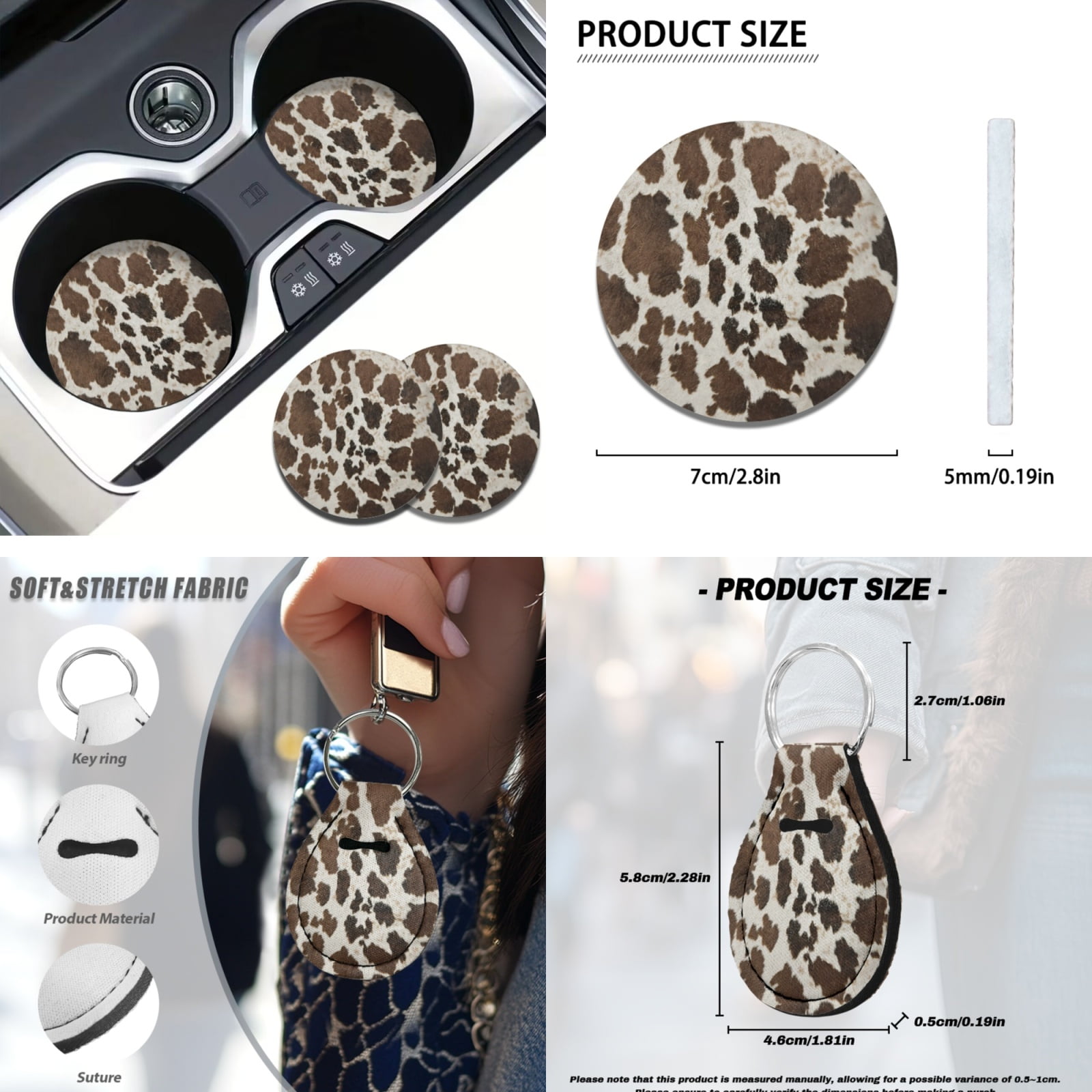 Yuyamidu 12 Pieces Car Seat Covers and Steering Wheel Cover Brown Cow Print Auto Seat Belt Strap Pad Cute Car Coasters Wrist Key Chain Chapstick Holder Keychain