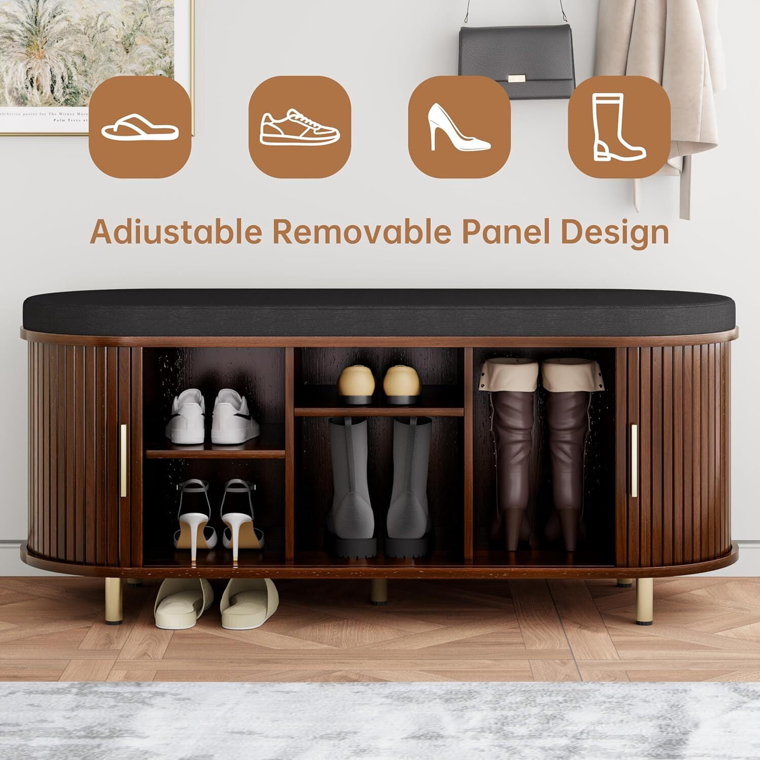 avobird 43.3" 2-Tier Storage Bench,Wide Shoe Bench with Thickened Padded Seat Cushion, Mid Century Modern Fluted Sliding Door and Adjustable Shelf, for Entryway,Bedroom walnut