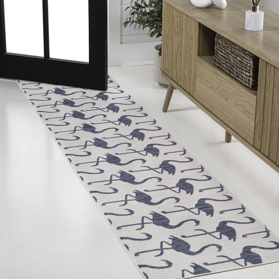 JONATHAN Y TUSCAN SUN 2 x 8 Runner Rug, Liana Coastal Flamingos Two-Tone - White/Navy, TSN401E-28