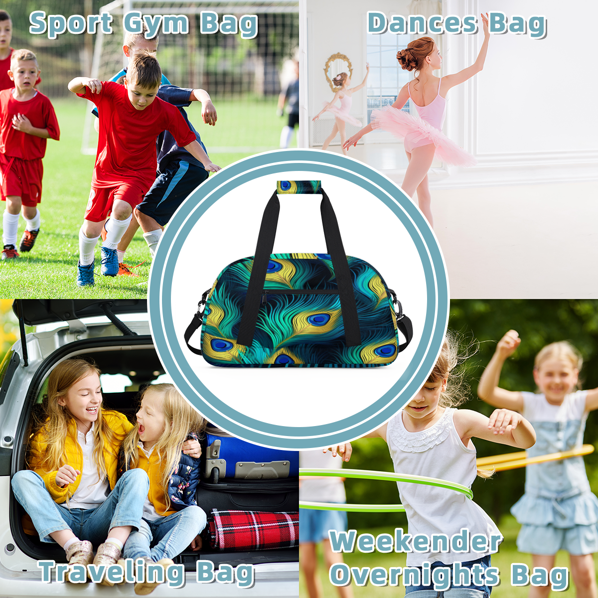 Herdesigns Peacock Bird Feathers Sports Duffle Bag for Women & Men, Gym Bag Dance Bag Overnight Bag Carry On Weekender Travel Bag