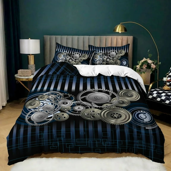 Cartoon Industrial Gear Bedding Set Steampunk Style Duvet Cover King//Full/Twin Size for Boys Men Mechanical Quilt Cover