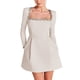 thumbnail image 3 of Vestido Midi Ajustado de Terciopelo para Mujer, Elegante Vestido de Cóctel de Larga con Escote Cuadrado y Dobladillo con Volantes Crema L, 3 of 9
