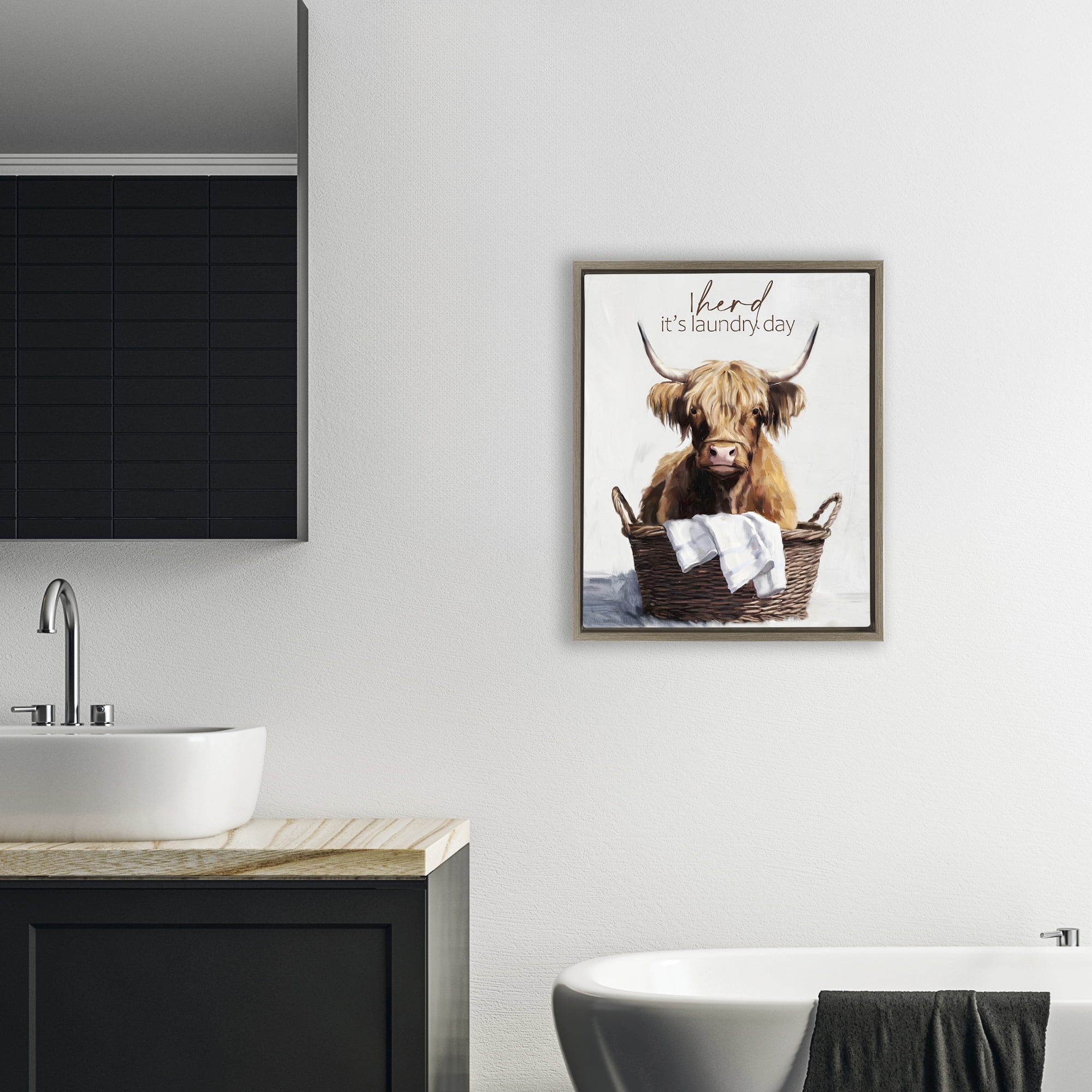 Herd It's Laundry Day Brown Framed Floater Canvas Wall Art, design by Kim Allen