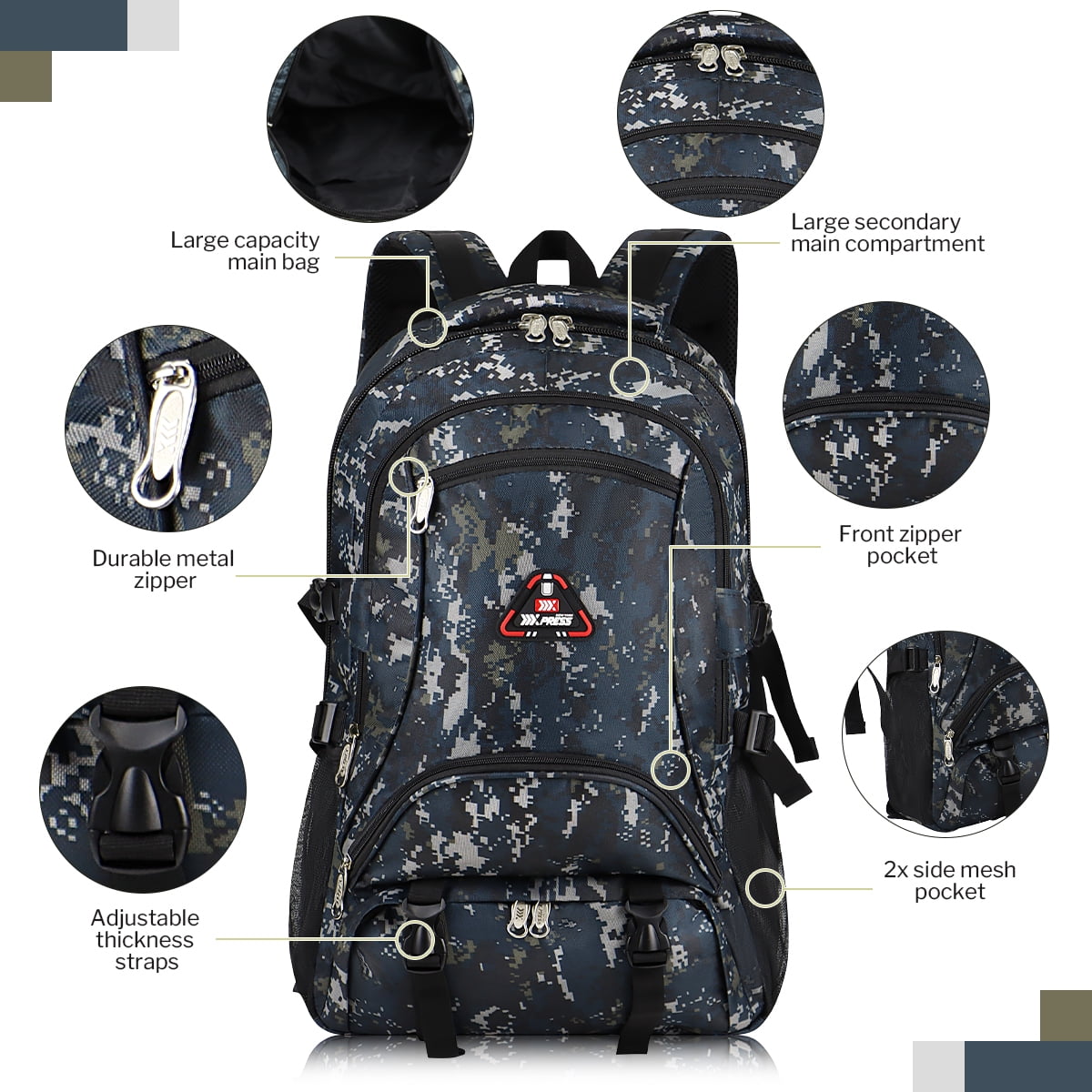 New York Xpress Camo Backpack for Adults 40L Multi-Pocket Backpack for Travel Work Hiking, Navy - BP8023