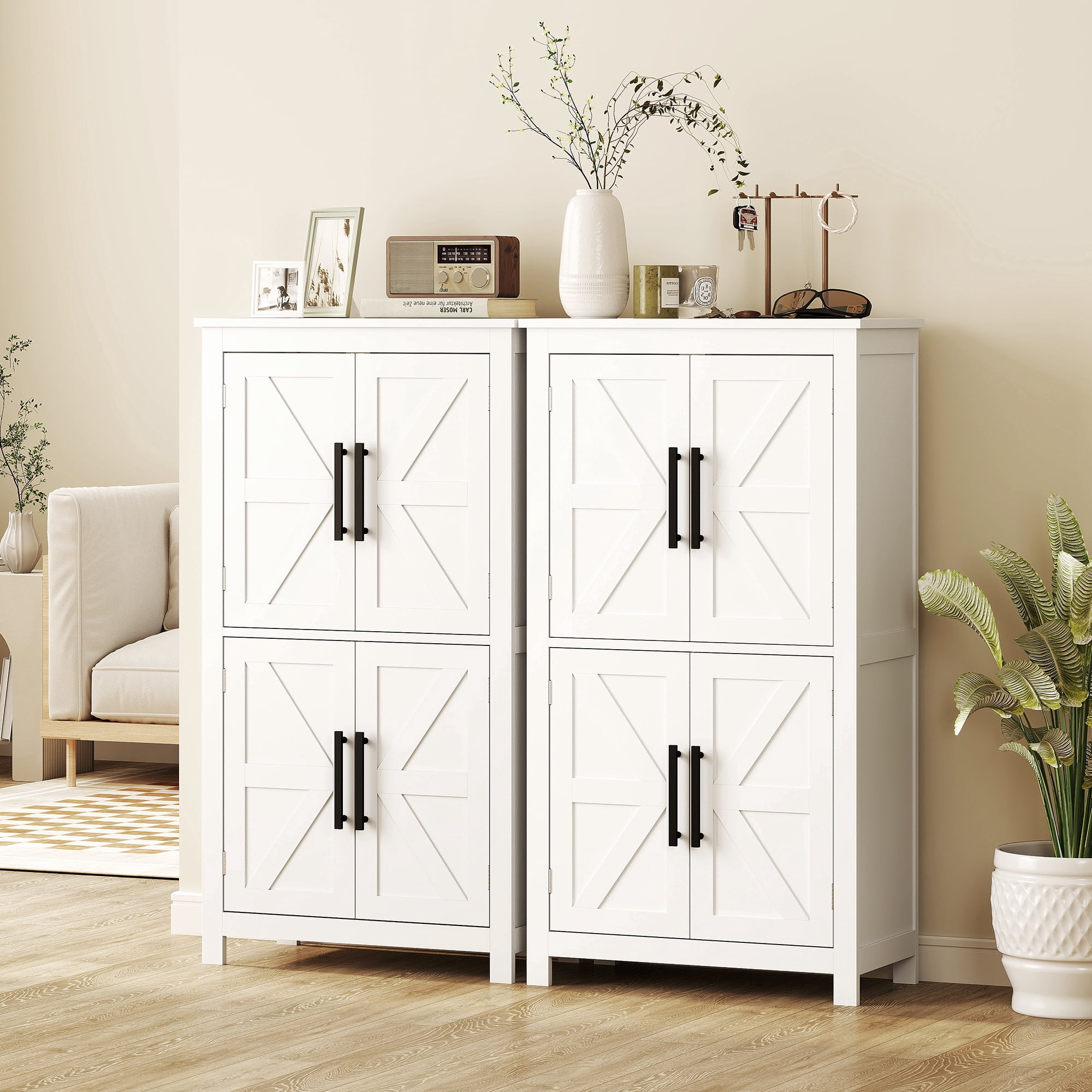 HOMCOM Bathroom Floor Cabinet, Farmhouse Bathroom Cabinet with Barn Doors, Bathroom Storage Cabinet with Adjustable Shelf, White