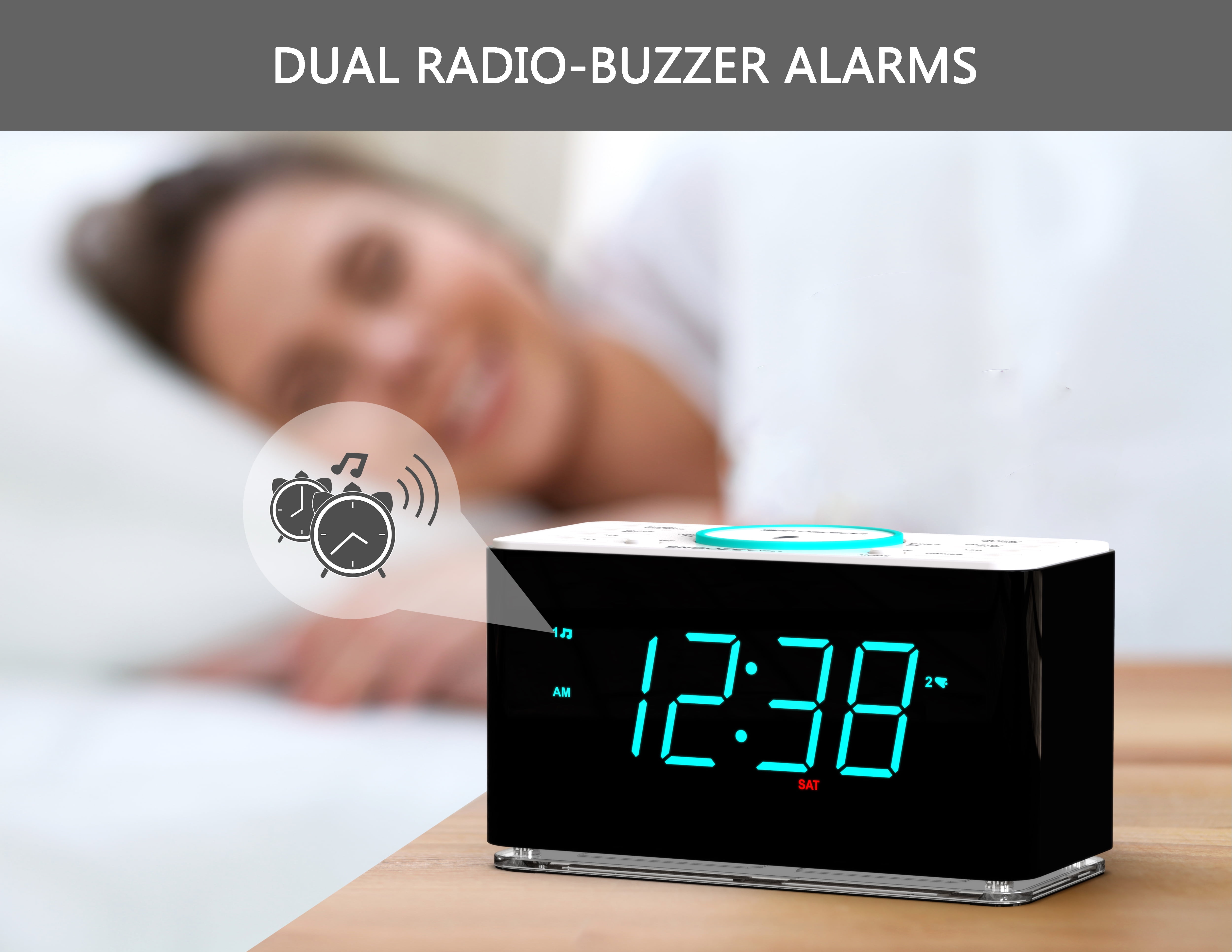 15Watt Ultra Fast Wireless Charging Dual Alarm Clock Radio with Bluetooth Speaker USB Charger Emerson Radio ER100401 Smartset Alarm Clock Radio Cyan LED Night Light and 1.4 Display 